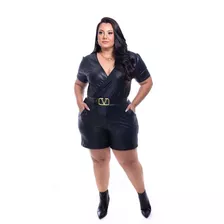 Macacão Curto Plus Size Decote Cruzado Couro Fake Ref: E55