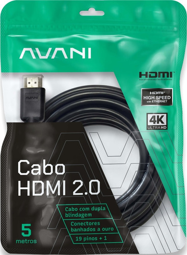 Cabo Hdmi 5m 2.0 19 Pinos Ethernet 5 Metros 4k Ultra Hd 3d