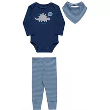 Kit Bebê Menino Roupa Body Calça E Babador Bebe Dinossauro