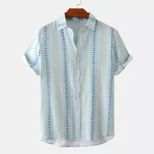 Camisa De Hombre Corta Casual De Verano Con Estampado A Raya