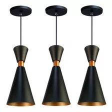 Iluminar Ambiente Kit 3 Pendente Lustre Mini Pequim 24cm Em Alumínio Preto 