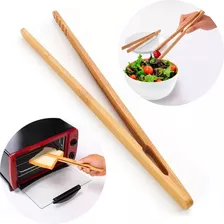 Kit 3 Pinça Pegador De Fritura Bambu 36cm Alimentos Salada Cor Bege