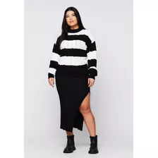 Blusa De Tricot Inverno Manga Longa E Trama Trançada Bicolor