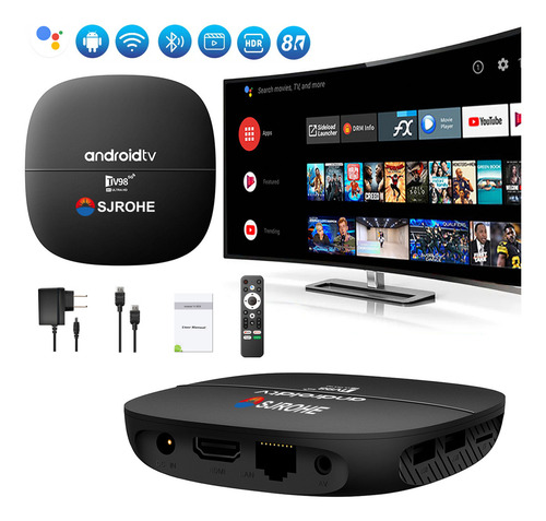 Sjrohe Internet Streaming Tv Box Uhd 8k 4+32gb 4k Full Hd Con Google Assistant Android Tv Android 13.0 Media Streaming Tv Stick Game Box Incluye Cable Hdmi 2.1 Bluetooth