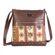 Bolso De Dama Tipo Crossbody En Piel Con Telar San Cristóbal Color Café Diseño De La Tela Oasis San Cristobal