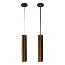 2 Pendente Luminária Madeira Tubo Glamour 43cm + Led