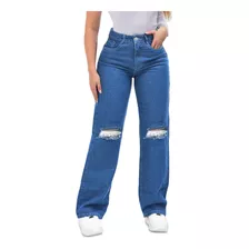 Calça Jeans Wide Leg Pantalona Rasgado No Joelho Top Premium