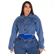 Jaqueta Jeans Feminina Plus Size Inverno Cropped Desfiada 