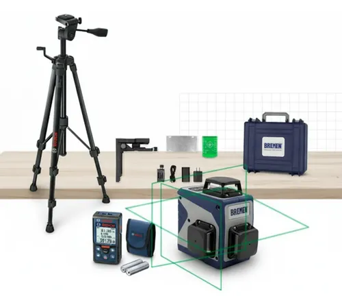 Kit Láser Bremen: Nivel Autonivelante 3 Líneas 360 Verde + Trípode Bosch 50-150 Cm + Medidor 50 M