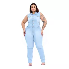 Macacão Longo Jardineira Jeans Feminina Plus Size Regata