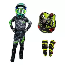 Conjunto Infantil Motocross Camuflado+colete+joelheira Neon