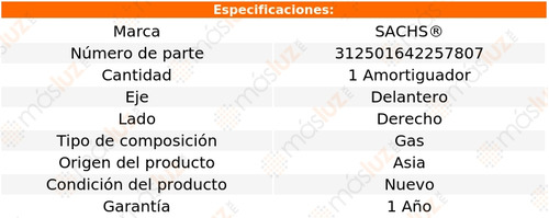 1- Amortiguador Gas Delantero Derecho Almera 2001/2006 Sachs Foto 2