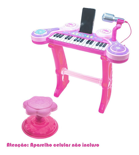 Teclado Piano Infantil + Microfone + Banquinho Luz Som 