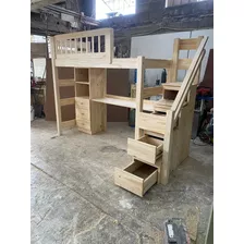 Cama Alta Con Escritorio Y Escalera Cajonera Maciza 