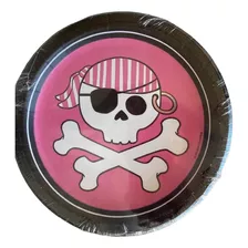 Platos De Cumpleaños Diseño Pirata Calaveras Rosado Blanco