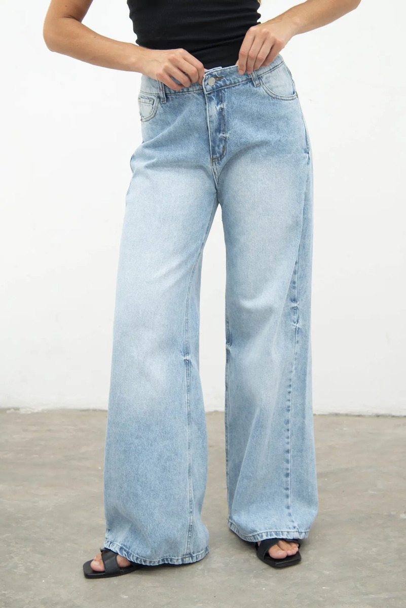 Jean Rigido Wide Leg Con Elastico En Cintura Talles Grandes Celeste 46