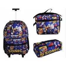 Kit Mochila Sonic Escolar Estojo Lancheira Juvenil Rodinha