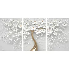Quadro 60x180 Flores Cerejeiras Brancas Dourada Decorativo