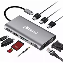 Hub Adaptador 10 Em 1 Tipo C Usb 3.0 Hdmi Rj45 Micro Sd Tf