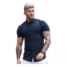 Camisa Colarinho Americano Super Slim Curta Tricoline Misto