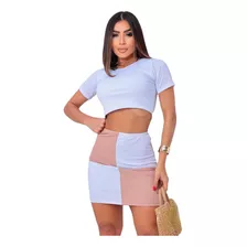 Conjunto Feminino Saia + Cropped Blusa Manga Curta Xadrez