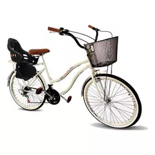 Bicicleta Feminina Aro 26 Retrô 18v Com Cadeirinha Traseira