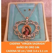 Medalla Dije Con Cadena Virgen Sagrada Rodio Baño De Oro 14k