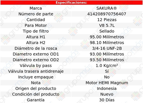 Caja De 12 Filtros Para Aceite Aspen V8 5.7l Chrysler 07/08 Foto 2