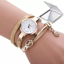 Relógio Feminino Dourado Analógico + Espelho Portátil Cor Da Correia Dourado Rose Cor Do Fundo Branco