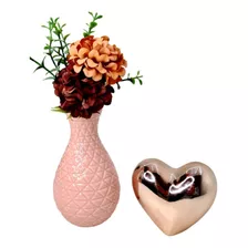 Kit 1 Vaso Rosa Decoração + Planta + Coração Rose Gold