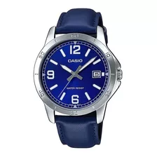 Reloj De Pulsera Casio Enticer Mtp-v004 De Cuerpo Color Plata, Analógico, Para Hombre, Fondo Azul, Con Correa De Cuero Color Azul, Agujas Color Plata Y Blanco, Dial Blanco, Minutero/segundero Plata, B