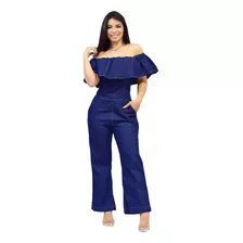 Macacão Jeans Feminino Manga Curta Ciganinha - Azul Escuro