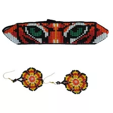 Pulsera Tigre Y Pendientes. Artesanal Mostacilla, Tejido Étn