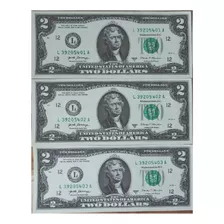 Billete De 2 Dólares En Serie, 3 Unidades Sin Circulación