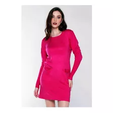 Vestido Manga Bufante Longa Em Tricot Sob Rosa Escuro