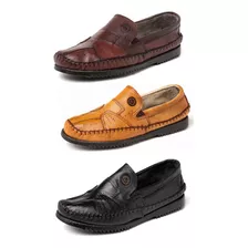 Sapatilha Masculina Mocassim Couro Bovino Kit 3 Pares