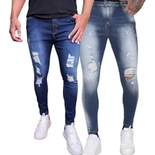 Kit 2 Calça Masculina Jeans Com Elastano Skinny Destroyed