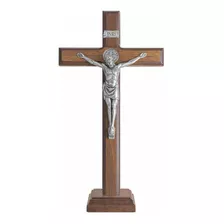 Crucifixo Cruz Mesa 28cm Medalha De São Bento Prata Velha