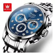 Relógios De Quartzo Olevs Luminous Luxury Moon Phase Cor Do Fundo Prateado/azul