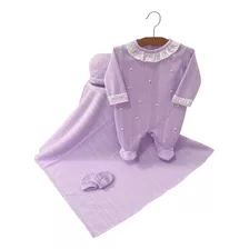 Saída De Maternidade Menina Luxo Lilás Tricot Renda 04 Peças