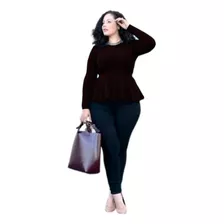 Blusa Peplum Plus Size Cintura Fina Neoprene Manga Longa