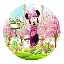 Painel Tecido Minnie Rosa Jardim 1,5x1,5 C/elástico Redondo