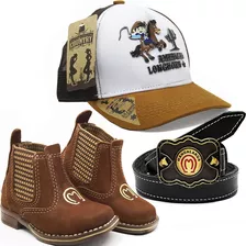 Kit Infantil Bota Cowboy + Cinto Couro + Bone Peaozinho