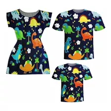 Vestido Mãe + Blusas Pai E Filho - Dino Baby I