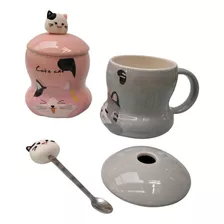 Taza Cafe Te Ceramica Tapa Cuchara Diseño Gato Kawaii 400ml