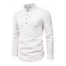 Camisa Hombre Casual Algodón Lino Cuello Mao Manga Larga