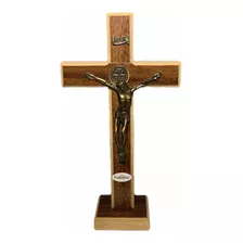 Crucifixo De Mesa Parede Madeira Com Metal São Bento 25cm
