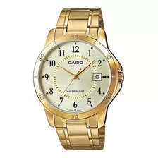 Reloj De Pulsera Casio Enticer Mtp-v004 De Cuerpo Color Dorado, Analógico, Para Hombre, Fondo Dorado, Con Correa De Acero Inoxidable Color Dorado, Agujas Color Dorado, Dial Negro, Minutero/segundero N