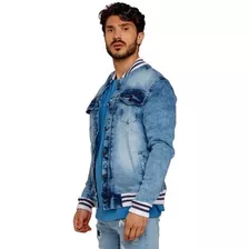 Jaqueta Jeans College Slim Destroyer Masculina Blusa Patch 1