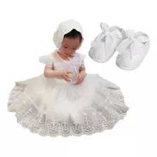 Vestido Bebê Mandrião Branco Batizado Renda Touca Sapatinho